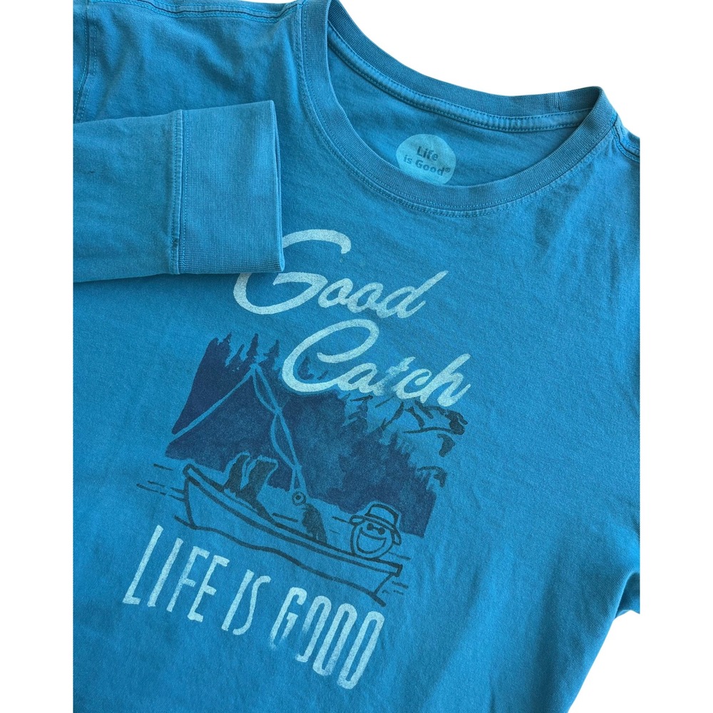 Life is Good Mens Long Sleeve T Shirt Good Catch Fishing Graphic Blue Size‎ M